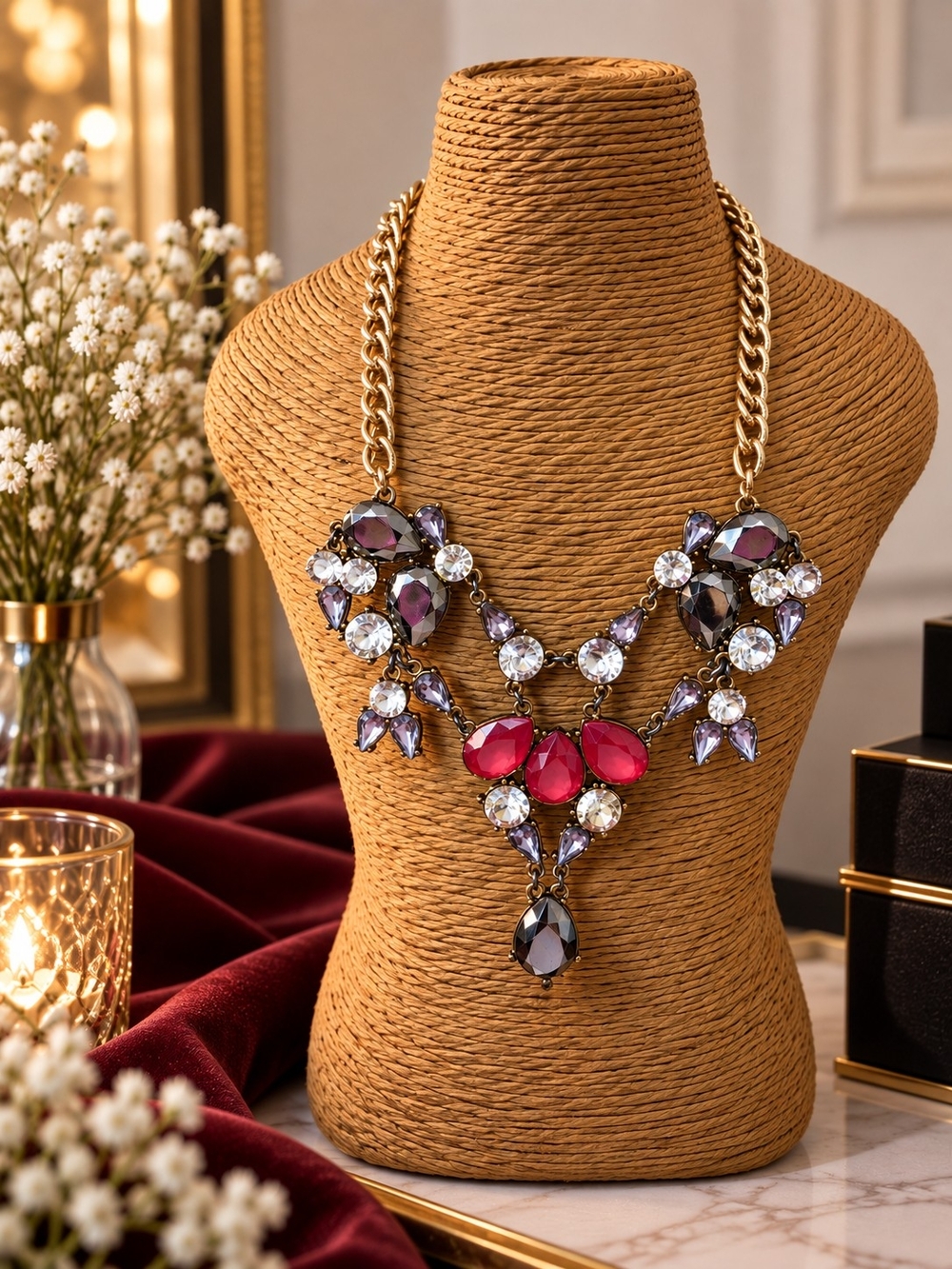 Statement Crystal Bib Necklace in Purple, Red and Clear